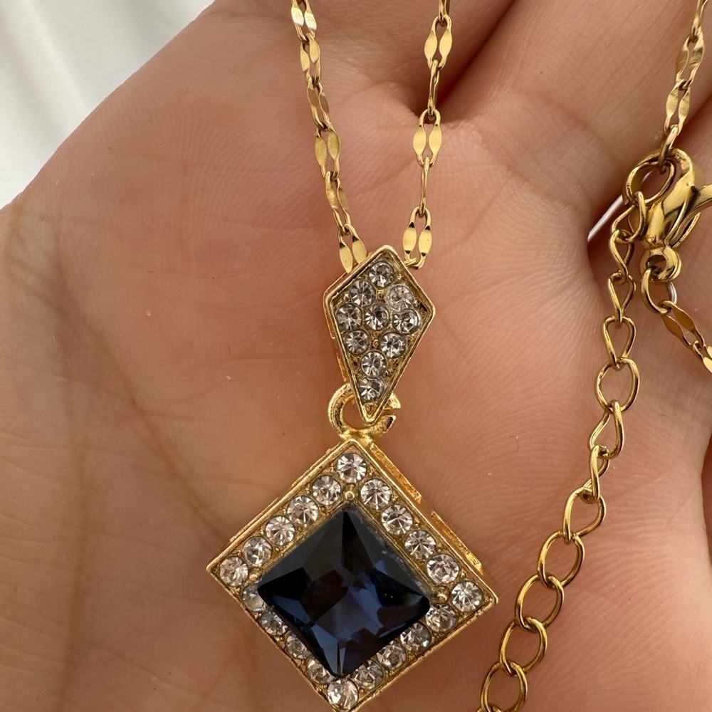 Set! gold color plated Luxury Blue Crystal SetGold Necklace Earrings Evening - Picture 8 of 8
